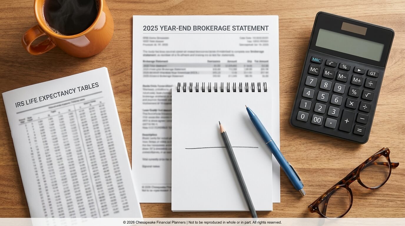 Desk with financial documents: IRS Life Expectancy Tables, 2025 year-end brokerage statement, spiral notebook with pencil and blue pen, a coffee mug, calculator, and glasses nearby on a wood surface.