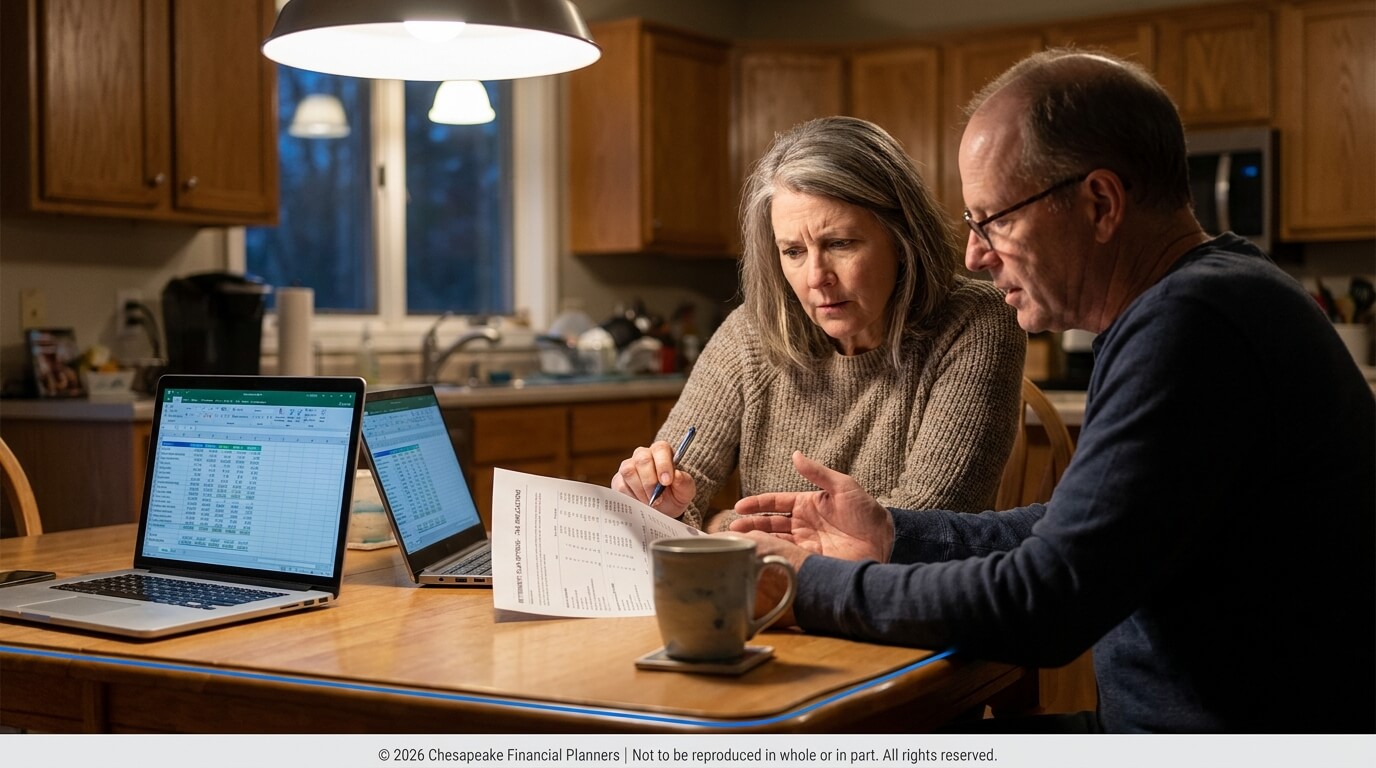 Couple sits at a wooden kitchen table reviewing financial documents with two laptops and a mug nearby.