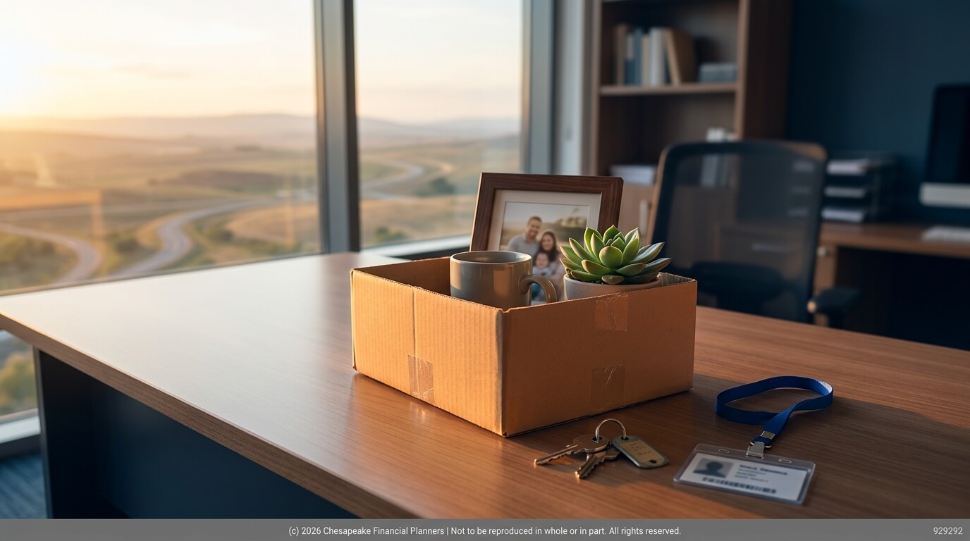 Boxed personal items on a wooden office desk: mug, succulent plant, and framed photo inside a cardboard box, with keys and a blue ID badge on the desk nearby, sunlight from a large window in the background.