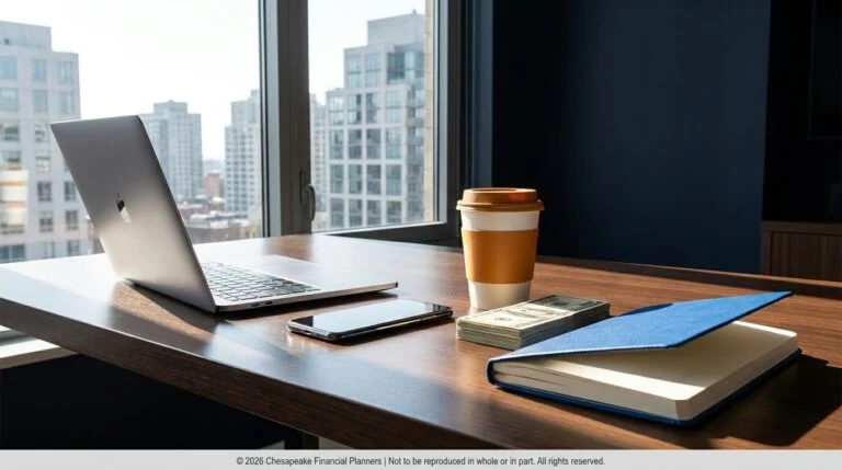 Desk workspace with a silver laptop, smartphone, takeaway coffee, a stack of cash, and a blue notebook by a window overlooking city skyscrapers.