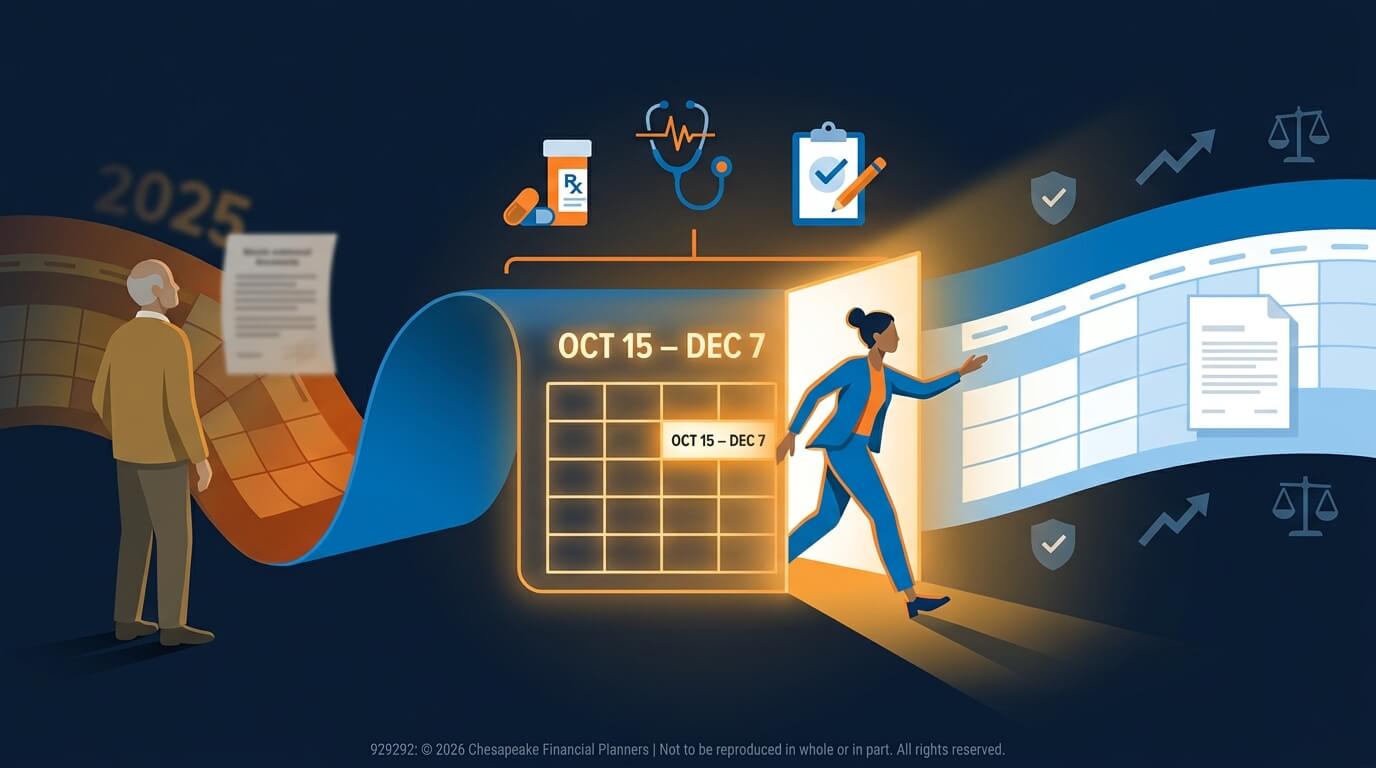 Person stepping through a glowing doorway into a calendar window labeled Oct 15–Dec 7, with medical and document icons overhead, suggesting a planning period.