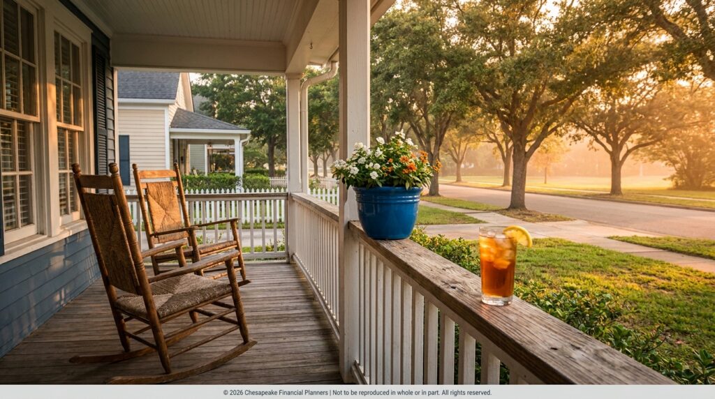 Porch with two wooden rocking chairs facing a sunlit street, a blue flower pot on the railing, and a glass of iced tea with lemon on the railing setter edge of the porch.