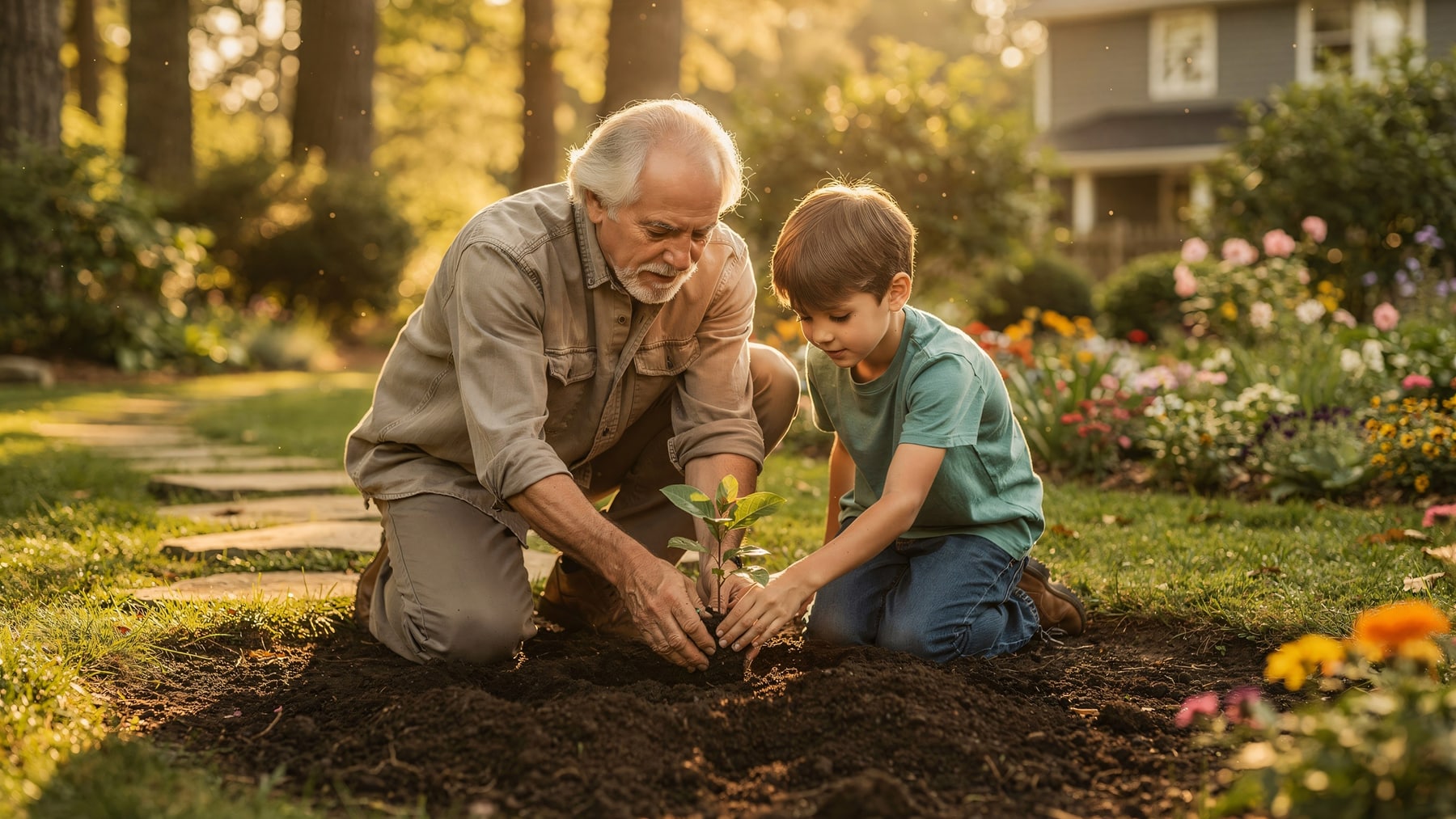 Grandfather and grandson kneeling in soil as they plant a young sapling in a sunlit garden.