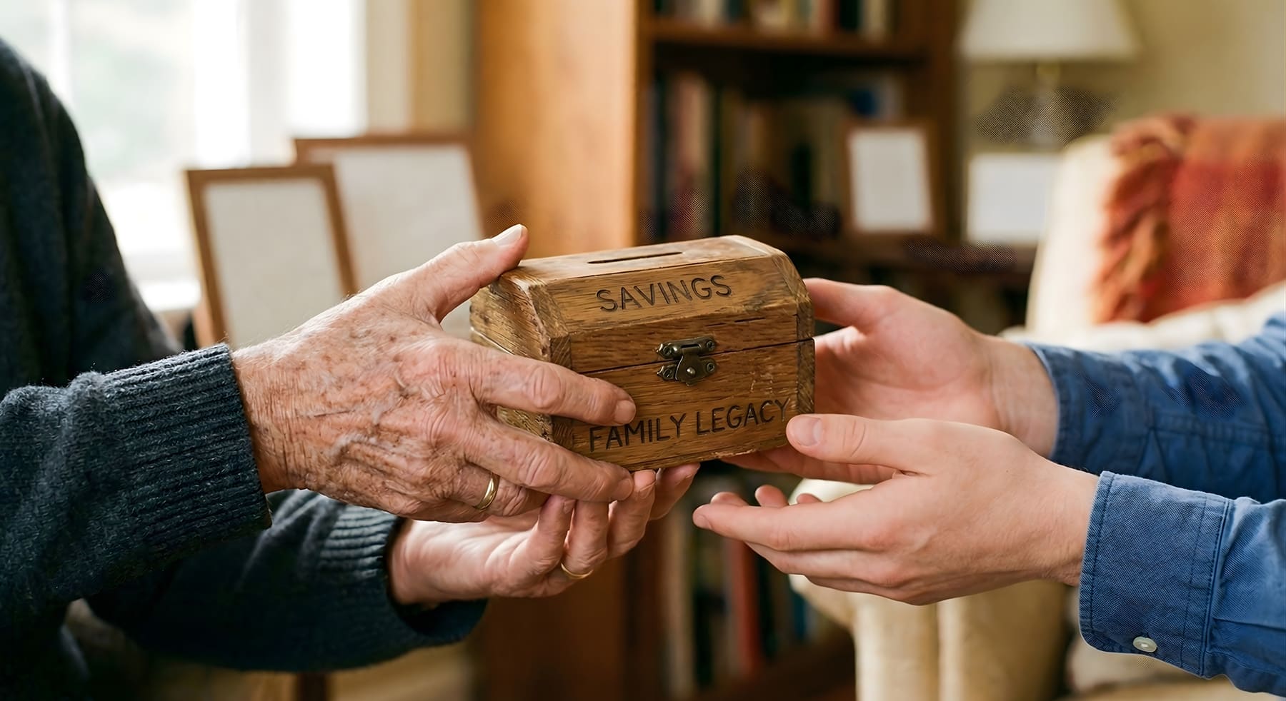 Older person hands a small wooden savings box to a younger person, the box engraved with 'SAVINGS' and 'FAMILY LEGACY'—symbolizing passing down wealth or memories.