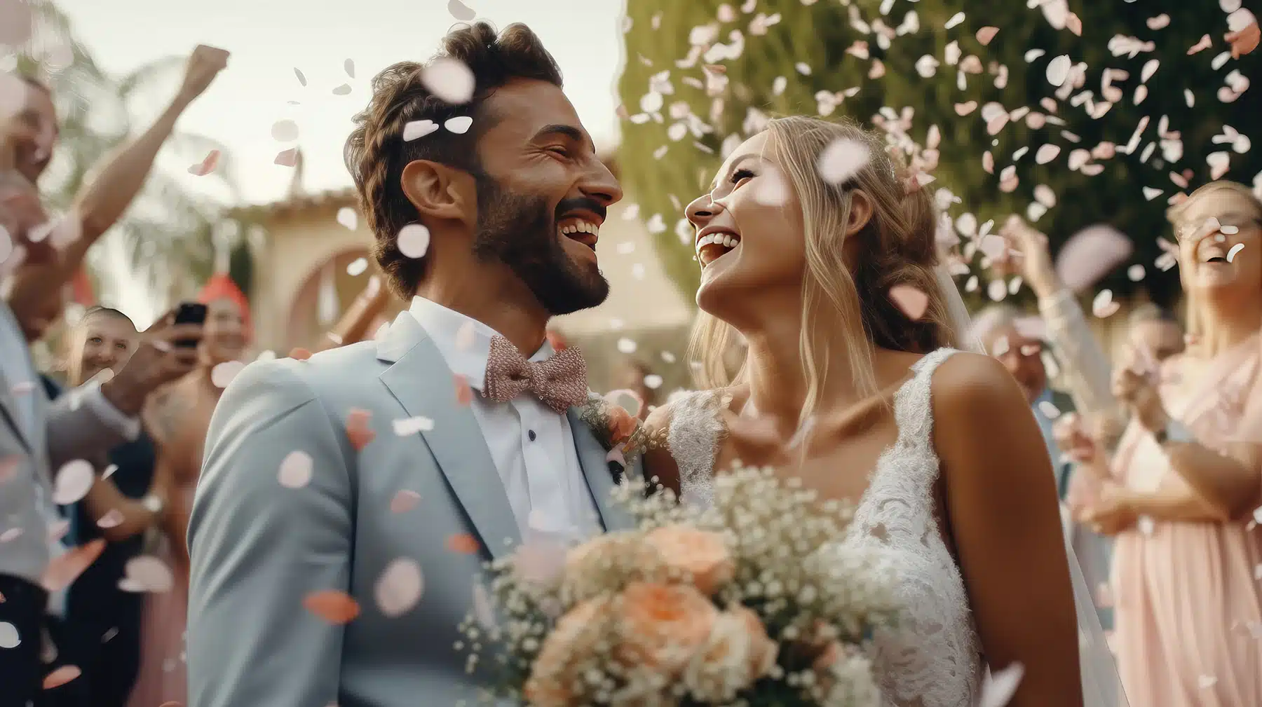 Joyful newlywed couple laughing as pink and white confetti rains down at their outdoor wedding.