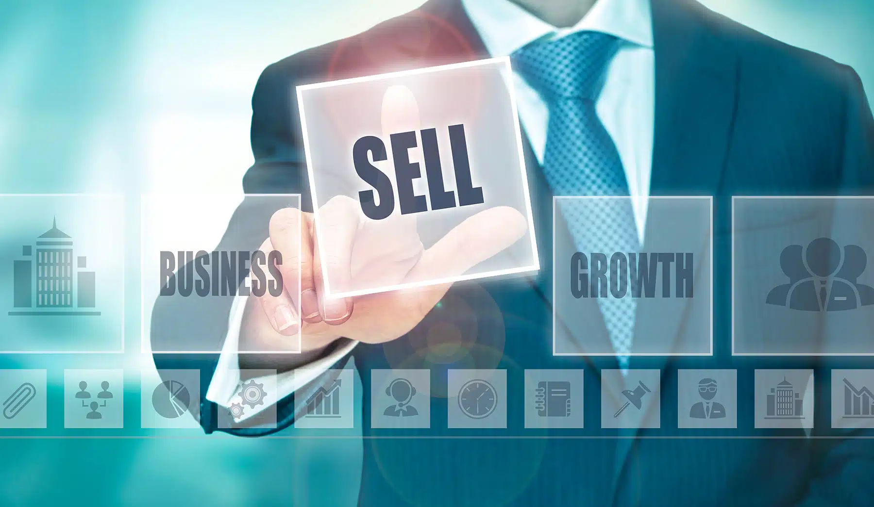 Businessperson pressing a glowing 'SELL' button among options like 'BUSINESS' and 'GROWTH' on a digital interface.