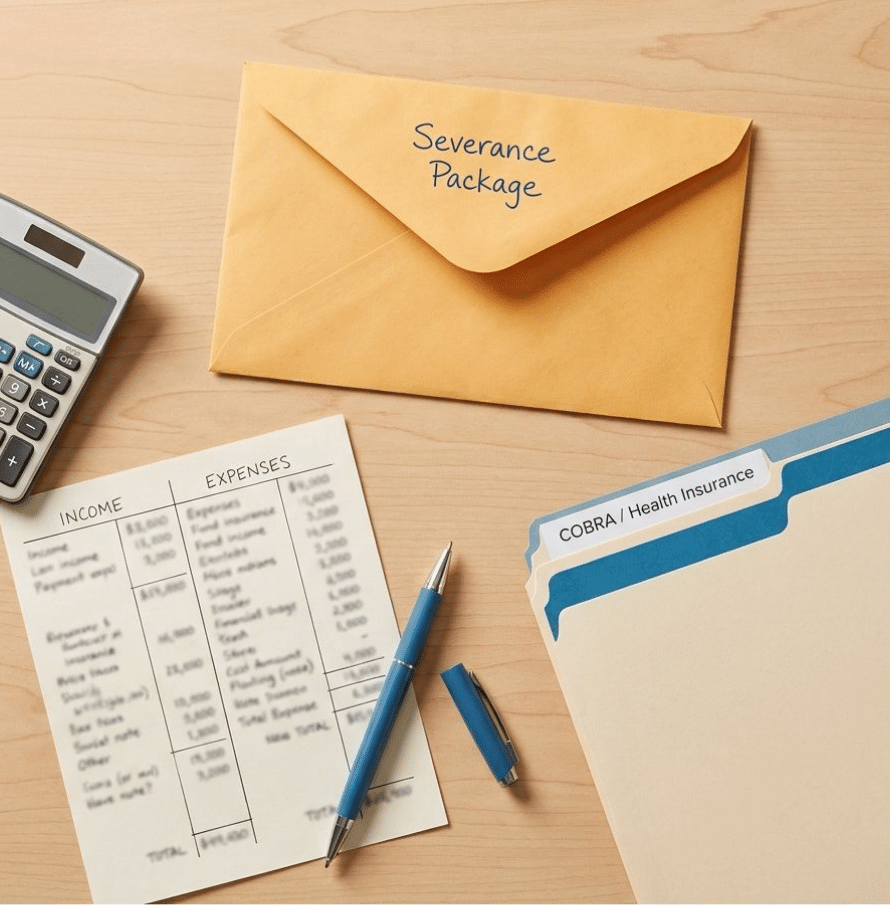 Envelope labeled 'Severance Package' on a desk with a calculator, expenses sheet, pen, and health insurance folders nearby