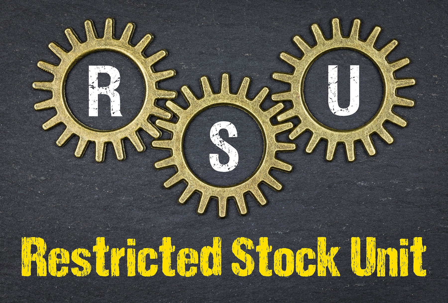 Three brass gears spell RSU on a dark background, with 'Restricted Stock Unit' in yellow at the bottom.