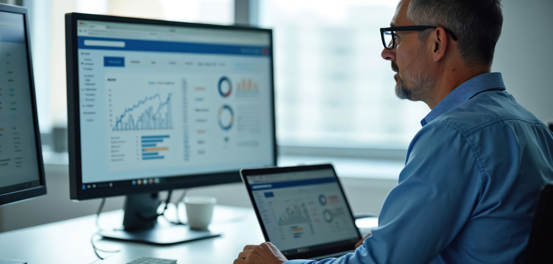 Man wearing glasses in a blue shirt sits at a desk, examining charts on a large monitor and a tablet displaying business analytics in an office setting.