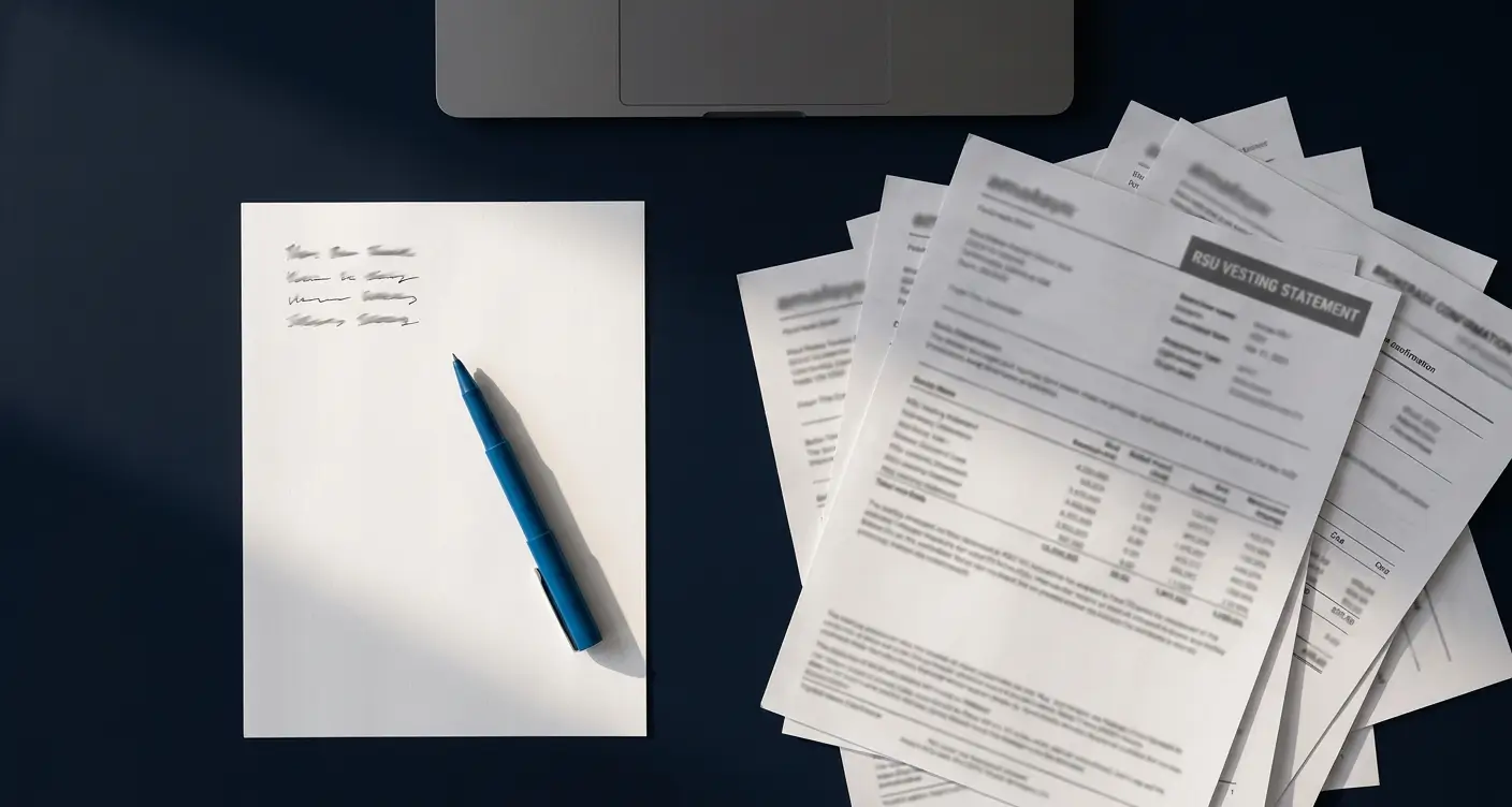 Blue pen lies on a blank sheet beside a spread of printed documents on a dark desk ready for review or signing.